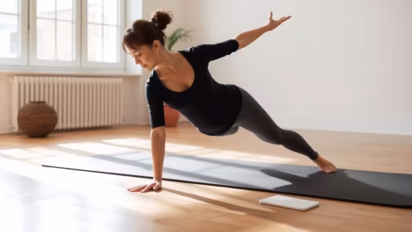 Une personne pratique le Pilates sur un tapis dans une pièce lumineuse.