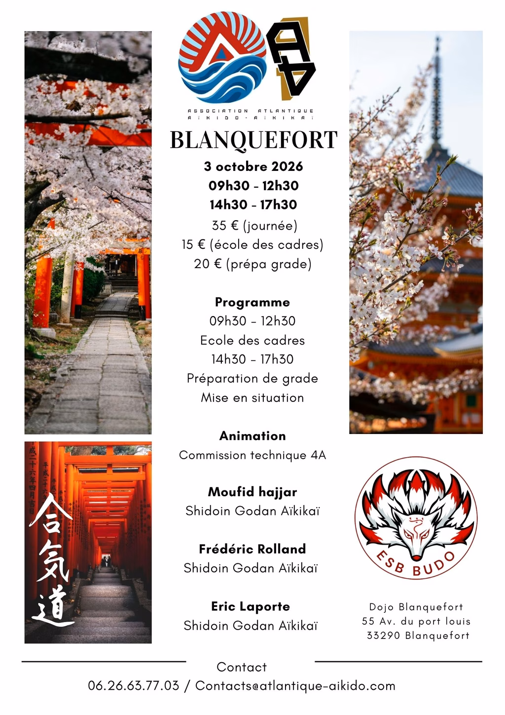 Affiche Stage d'Aïkido à Blanquefort animé par Moufid Hajjar et Frédéric Rolland et Eric Laporte 2026