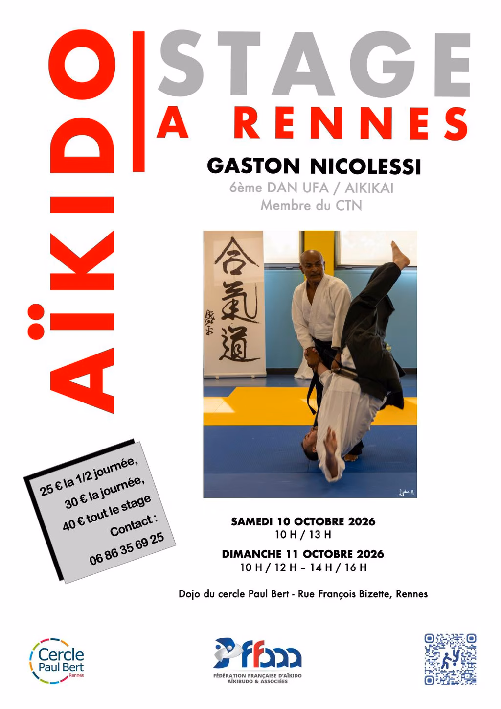 Affiche Stage d'Aïkido à Rennes animé par Gaston Nicolessi 2026