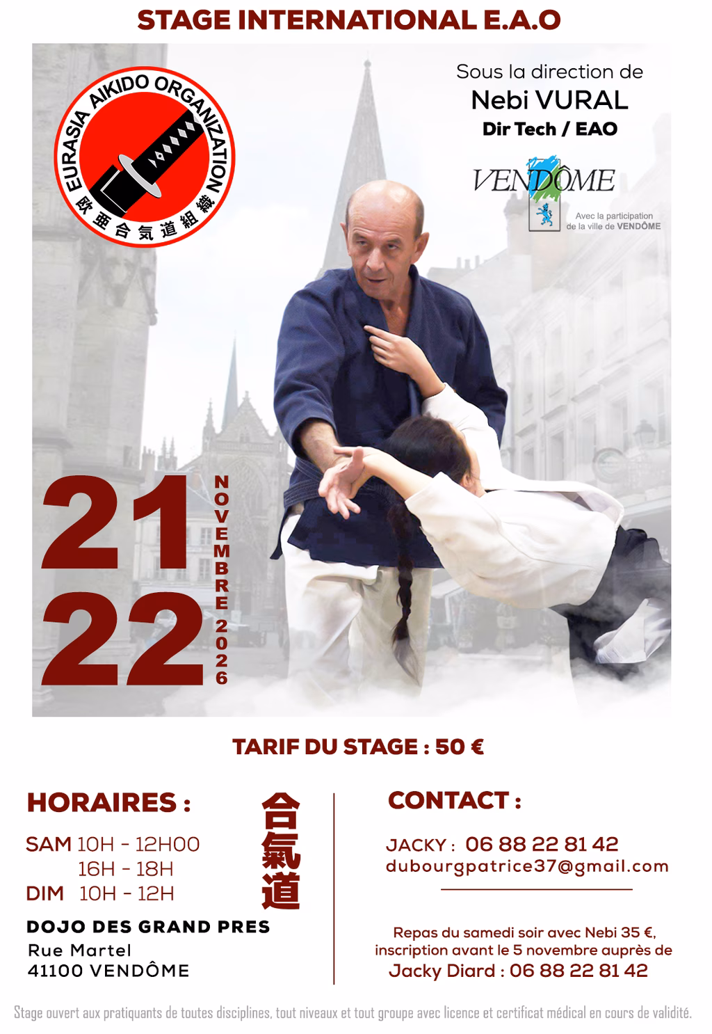 Affiche Stage D'Aïkido à Vendôme Animé par Nebi Vural 2026