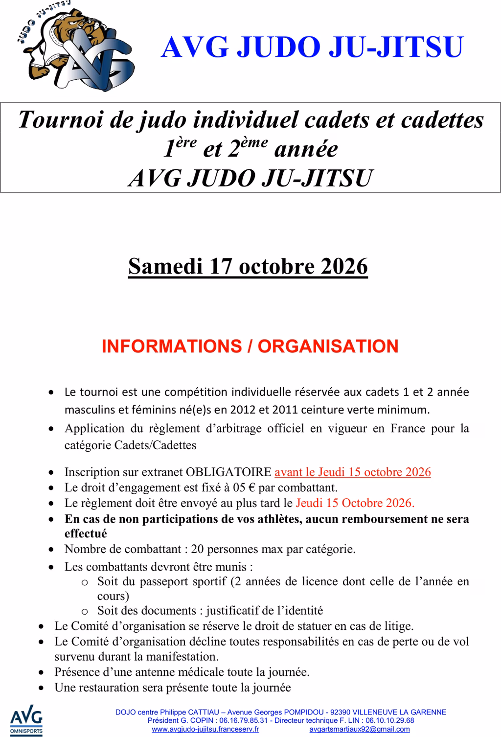 Affiche Tournoi Individuel Cadets Cadettes- Villeneuve la Garenne 2026